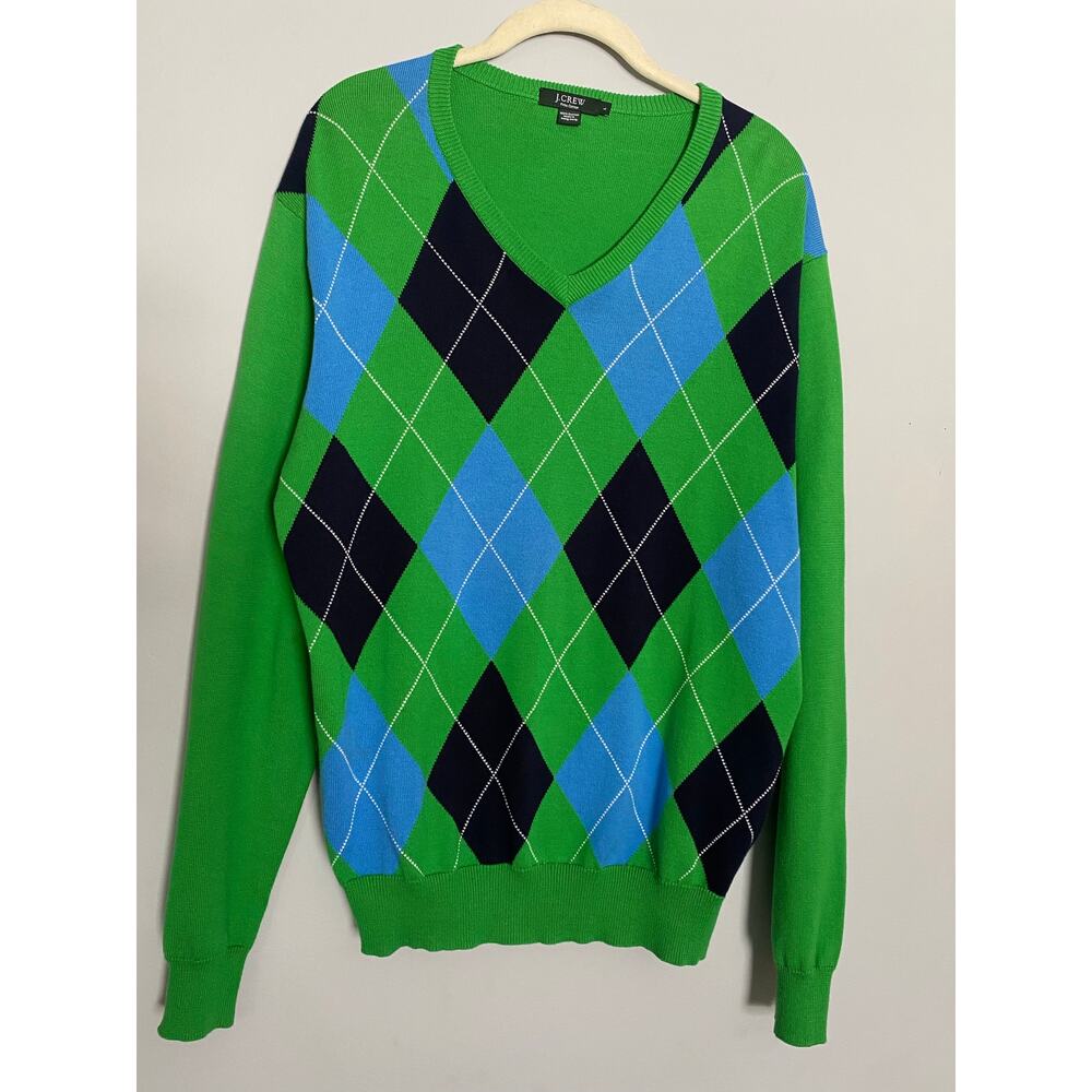 J Crew Pima Cotton V-Neck Argyle Sweater Green‎ Blue Men's Size L TennisCore Y2K
